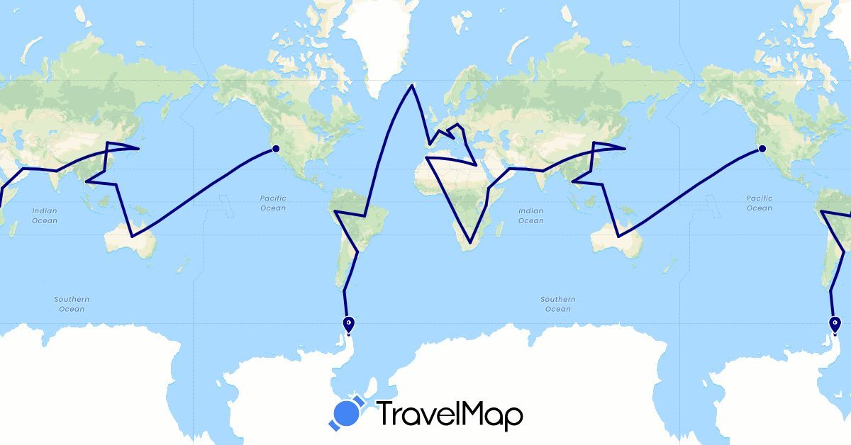 TravelMap itinerary: driving in United Arab Emirates, Argentina, Australia, Brazil, Switzerland, China, Czech Republic, Egypt, Spain, Ethiopia, France, Greece, Hungary, India, Iceland, Italy, Japan, Morocco, Peru, Philippines, Thailand, Tanzania, United States, South Africa (Africa, Asia, Europe, North America, Oceania, South America)